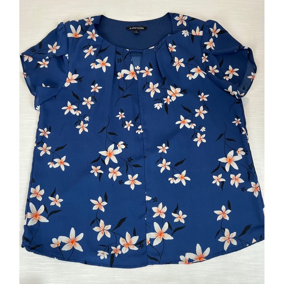 41 Hawthorn Tops - 41 Hawthorn Blue Floral Keyhole Pleated Blouse Short Tulip Sleeve Top Large